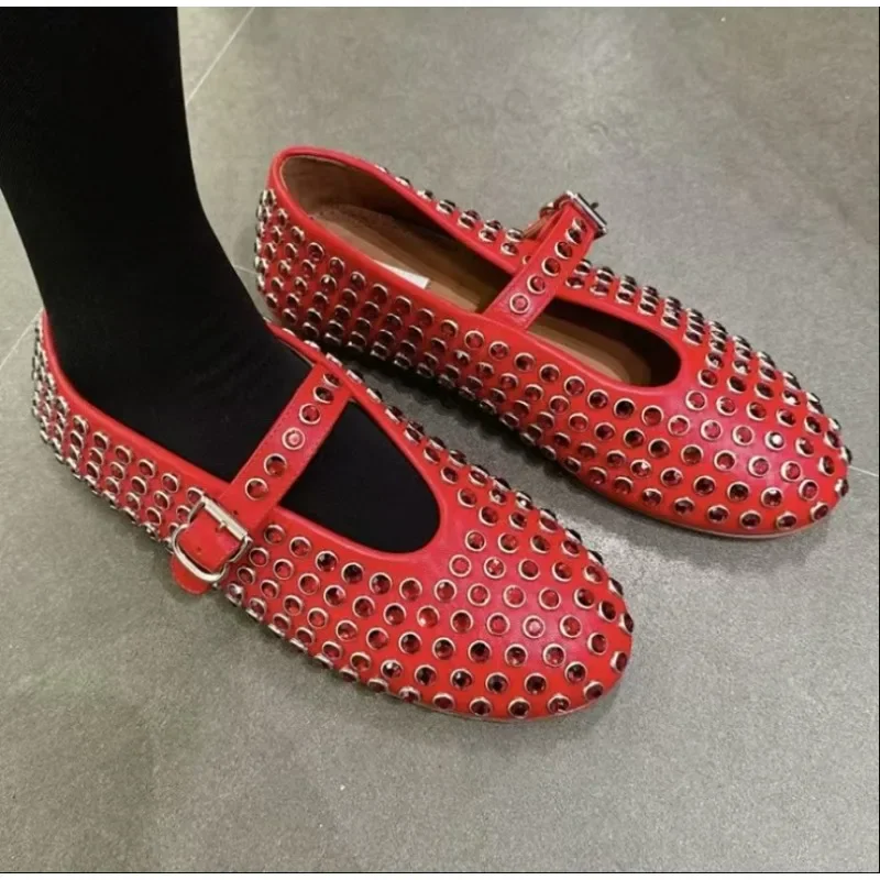 Женские балетки с ремешком и пряжкой повседневные сетчатые Туфли круглым носком