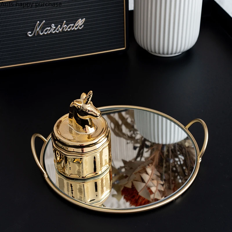 Runde Messing Griff Ablage Glas Spiegel Kosmetische Schmuck Hause gcuang Tace Snack Dessert Foto Requisiten