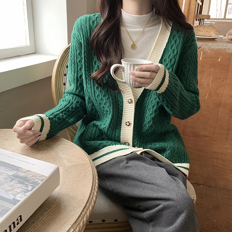 

Женский вязаный кардиган оверсайз, повседневный однобортный джемпер с V-образным вырезом, мягкий свитер с длинным рукавом, пальто, Осень-зим...