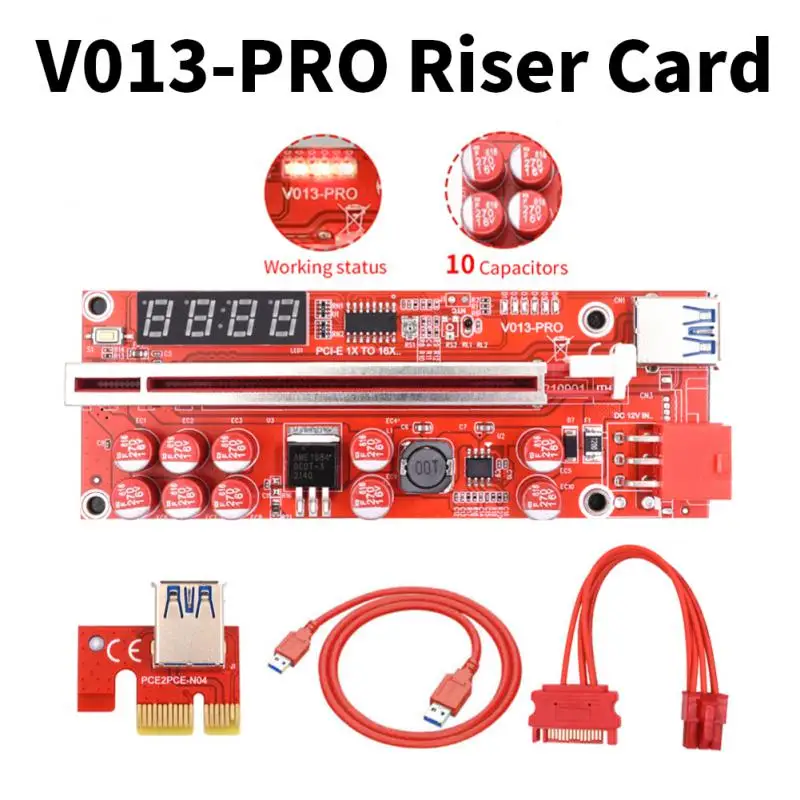 

10 Capacitors PCIE Riser 013 Pro With Temperature/Voltage Display GPU Graphics Card Extension Cable Riser For BTC Mining