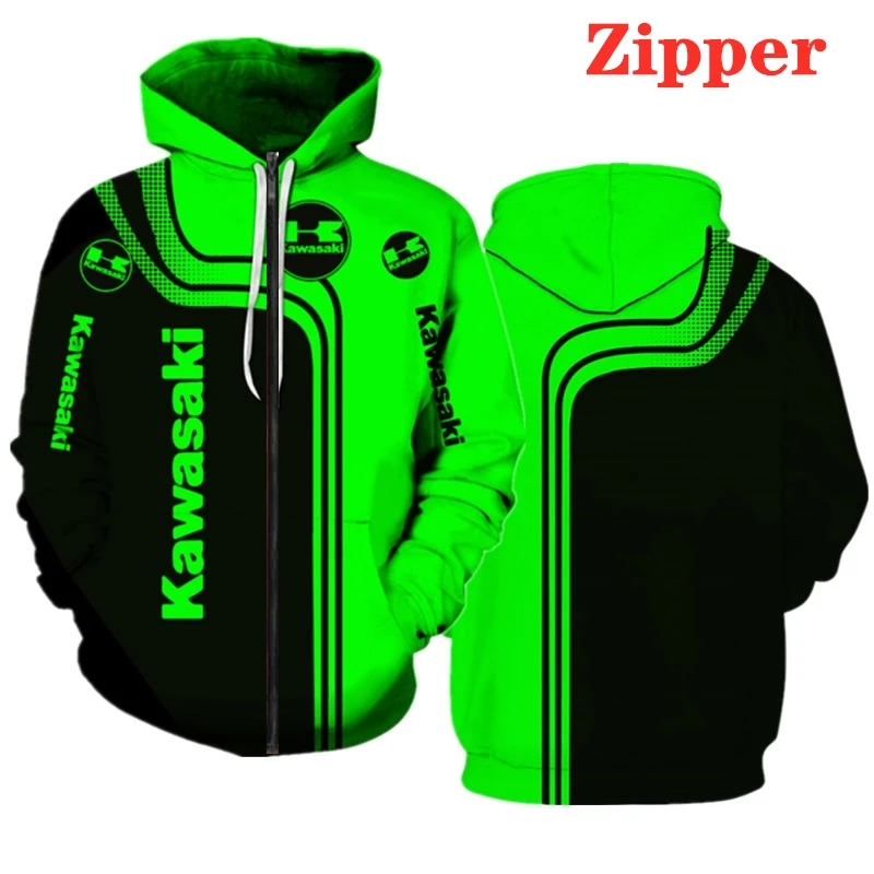 

2021 New Fashion Kawasaki Logo Hoodie 3D Digital Print Men Sportswear Harajuku Casual Jacket Motocycle Clothing Zip Green Hoodie