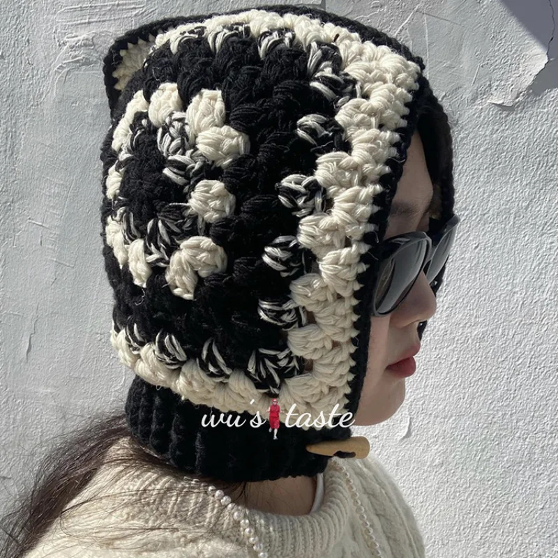 

Korean Niche Hand Knitted Pocket Balaclava Hat Japanese Retro Autumn Winter Warm Sleeve Neck French One PCS Head Cap Female