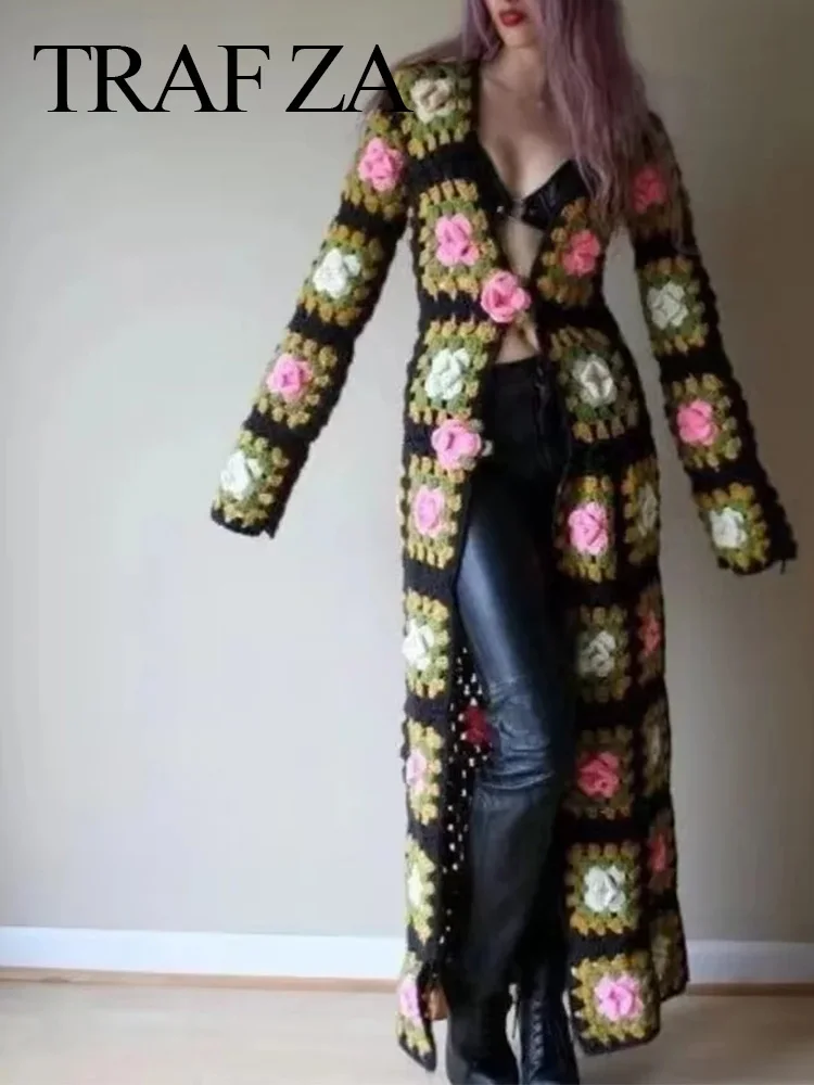 TRAF ZA Retro Multicolor Three-dimensional Flower Sweater Long Cardigan Jacket Chic Slim Fit Hollow V-neck Flower Button Coat