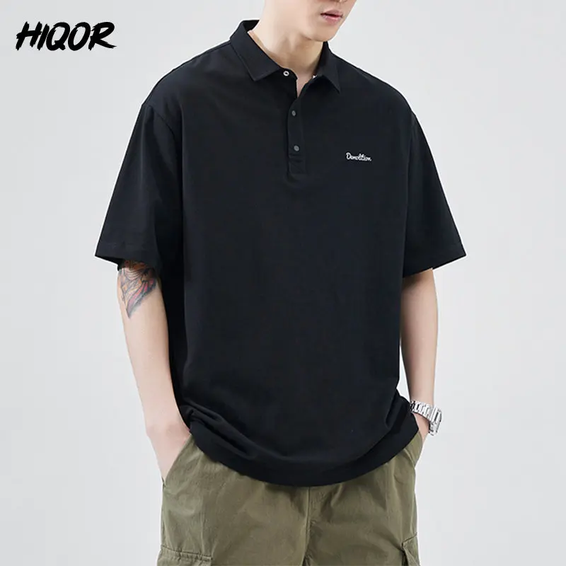 

Высококачественная Мужская футболка HIQOR с надписью, модель 100%, хлопок, короткий рукав, отворот, повседневные топы, модная мужская футболка, однотонная, Черная