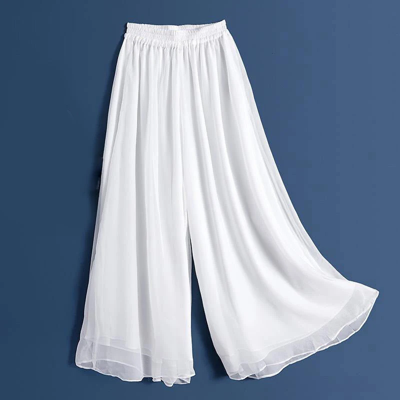 Fashion Woman Casual Chiffon Wide Leg Pants Elastic High Waist Elegant Chiffon Capris Female Pants Summer Breathable Cool Loose