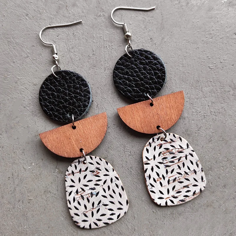 

2022 Wholesale Morandi Polka-dot Cork Boho Earrings Geometric Semi-circle Wood Stitching Cowhide Earrings for Women Girl