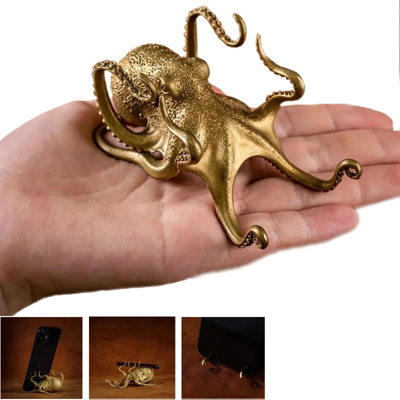 

Creative Brass Octopus Stand Decor Computer Phone Pen Holder Funny Small Animal Shape Ornaments Gift Home Office Decoration