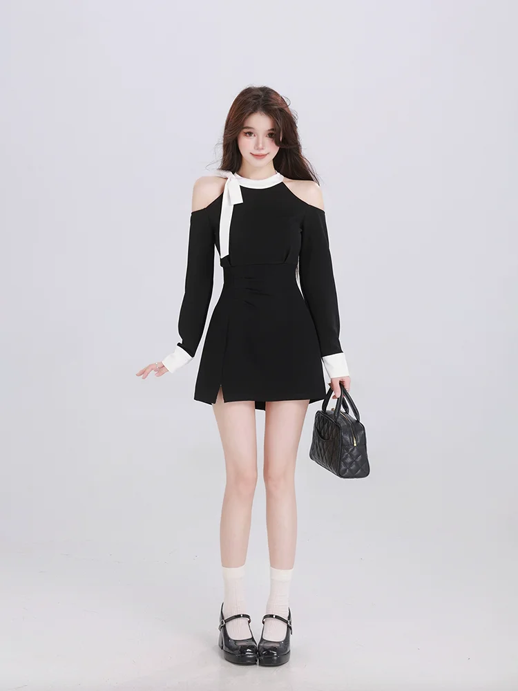 French sle Pure Desire Bow off-the-Shoulder Long sleeve dress Women Waist Hugging Temperament Design Sense Black Short Skir...