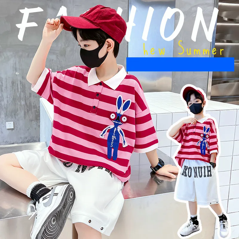 

2022New Handsome Boy Clothes Suit Short Sleeve stripe Print Cotton Polo Clothes T-Shirt Shorts 2Pcs/set Casual Children Clothing