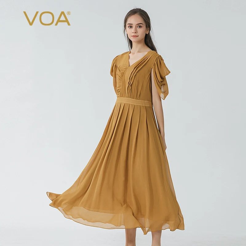 

Женское платья VOA из шелка, двухслойное, с v-образным вырезом, коротким рукавом, асимметричное, с талией, плиссированное, летнее, AE1659