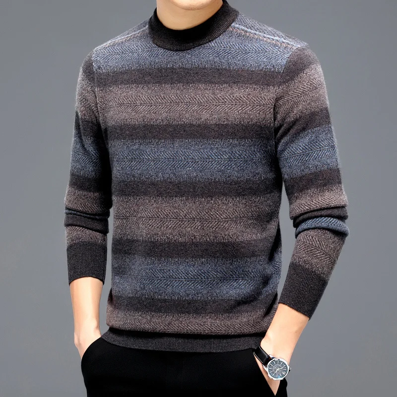 100% Wool Long-Sleeved Sweater Thickened Striped Jacquard round Neck Sweater High-End Men's Casual All-Matching Men's Sweater