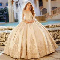 amazing beaded lace ball gown quinceanera dresses sheer bateau neck long sleeves prom gowns sequined sweep train tulle sweet 16