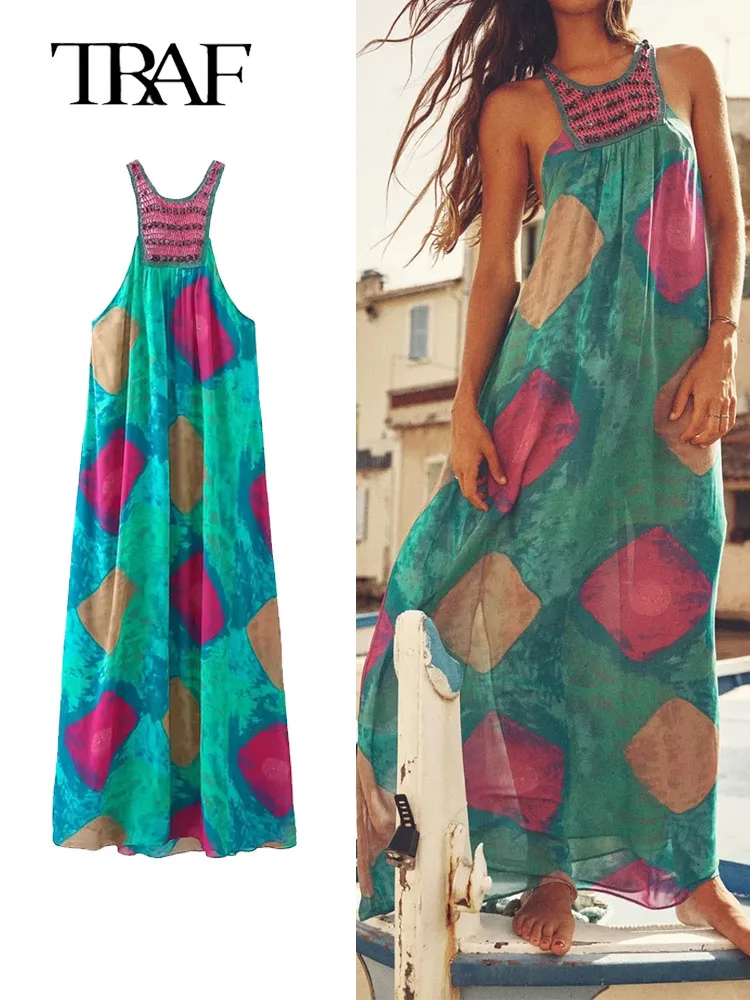 

TRAF 2023 Women Summer Chic Dresses for Woman Ruffle Long Dress Holiday style Asummetric Floral Slip Backless Midi Dress