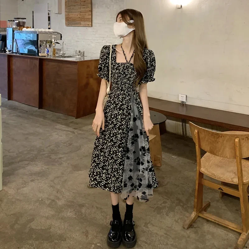 

Stylish Loose Printed Spliced Gauze Folds Ruffles Midi Dress Female Clothing 2023 Summer New Short Sleeve Korean Floral Dress