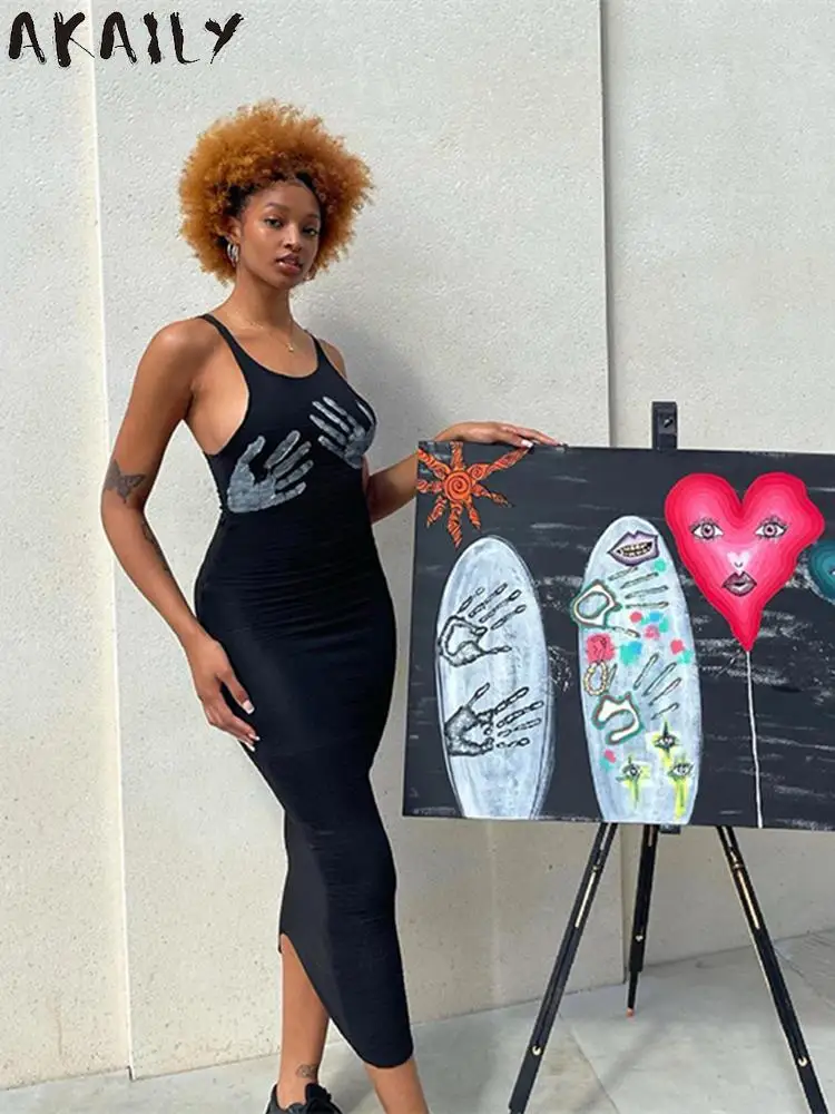 

Akaily Summer Streetwear Print Maxi Dresses For Women 2022 O Neck Sleeveless Bodycon Dress Female Black Casual Long Dress