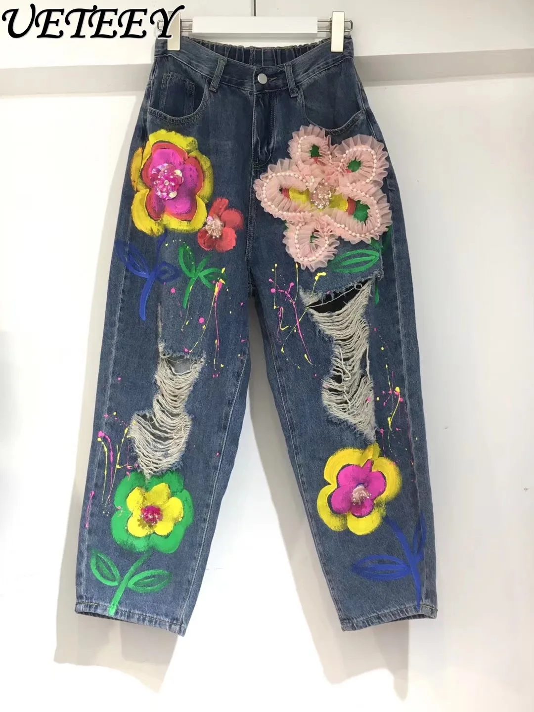 

2023 Spring Autumn New Heavy Industry Beads Flower Ripped High Waist Baggy Jeans Women's Streetwear Loose Denim Long Harem Pants