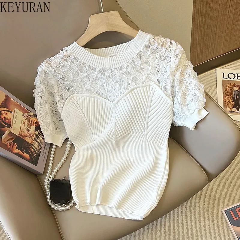 

Summer 3D Flower Hook Hollow-out Lace Patchwork Puff Short Sleeve Sweater Women Pullover O-neck Slim Ice Silk Thin Knitwear Top