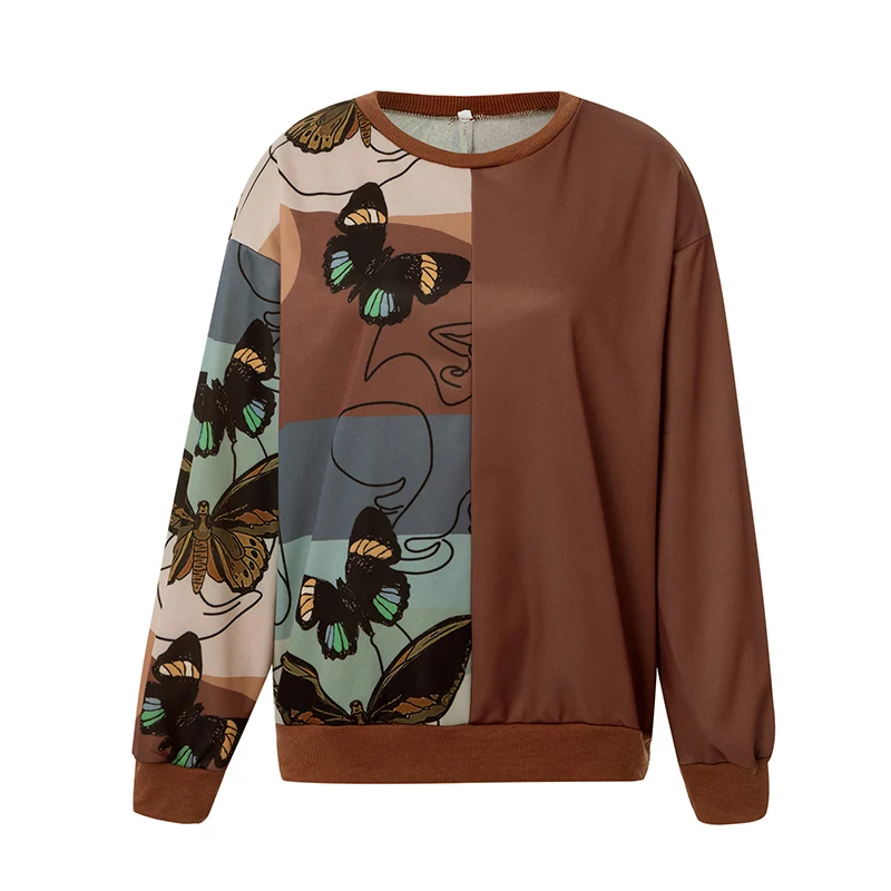 

Women Oversize Sweatshirts Color Block stitching Butterfly Print Long Sleeve Round Neck Pullover Tops Ladies Casual Trendy