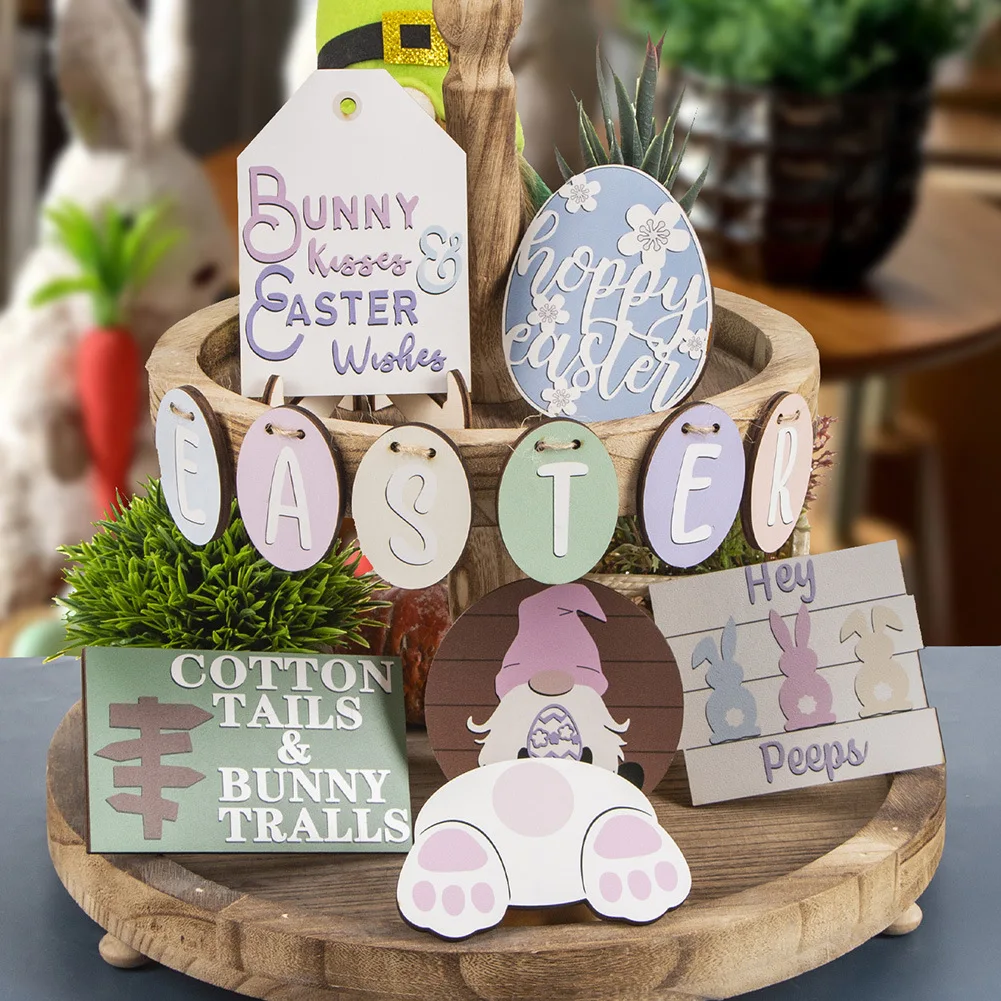 

Easter Tiered Tray Decor Bunny Rabbits Eggs Wooden Sign Decorative Trays Signs for Rustic Farmhouse Spring Easter Decor