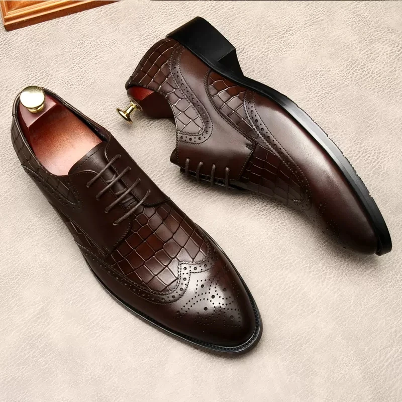 

Men Formal Shoes Handmade Crocodile Pattern Oxfords Business Lace-up Genuine Cow Leather Square Head Dress Wedding Shoes For Men