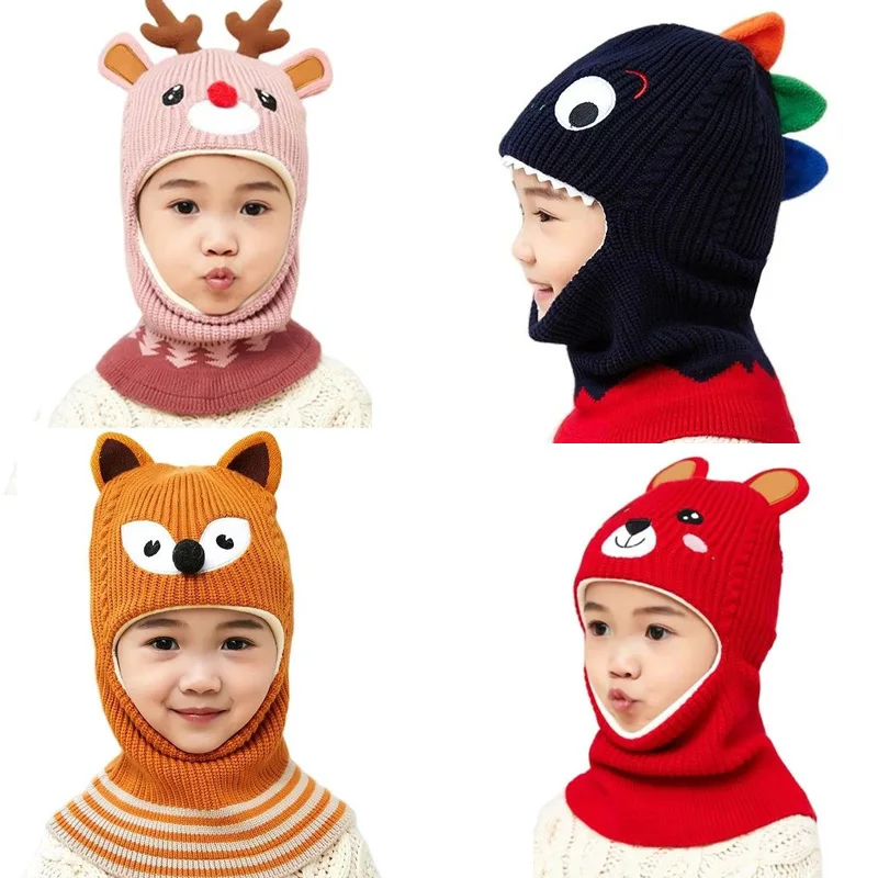 

Boy Girl Beanie Protect neck Dinosaur Fox Bear Windproof Winter Knit Hat Child Girls Earflap Caps For 2 to 7 Years Old