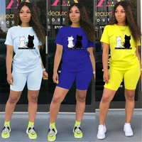 womens two piece sets solid color casual cat print short sleeve t shirtsshorts pantalones cortos de mujer tracksuit outfits