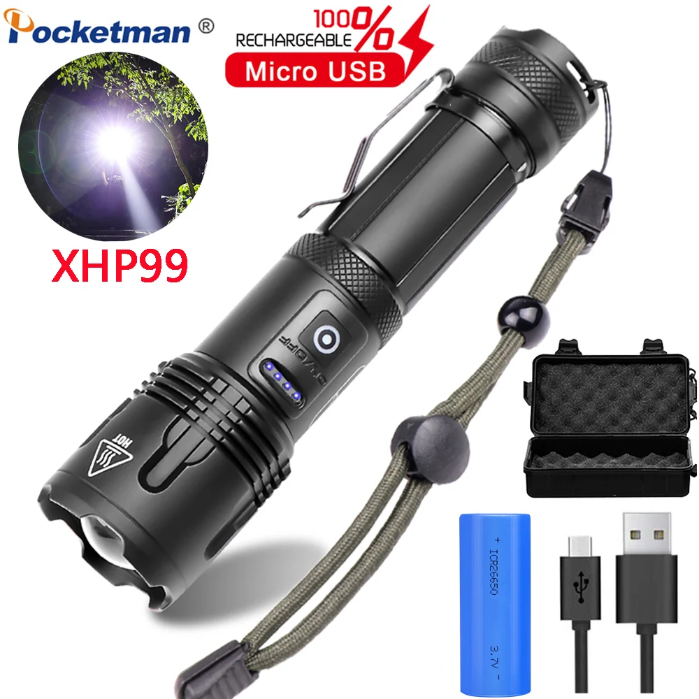 Фонарик высокой яркости XHP99/XHP50 светодиодный 18650/26650, перезаряжаемые фонарики из алюминиевого сплава, водонепроницаемый фонарик для кемпинга, походов