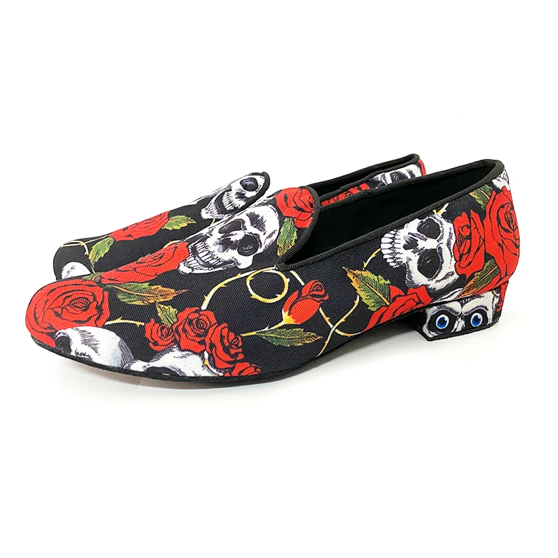 Zapatos de Baile Low Heel 2cm  Halloween Skull Red Flower Fabric SUEDE Outsole Bachata Latin Salsa Men Dance Shoes Indoor
