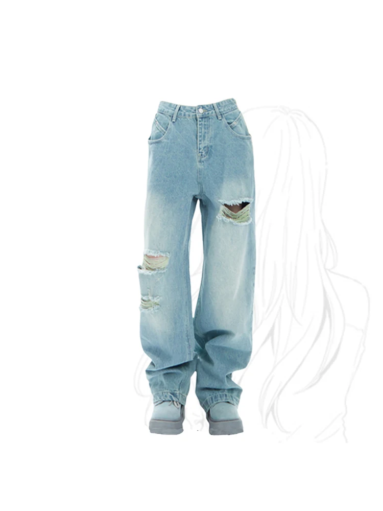 

Женские рваные джинсы в стиле Харадзюку, винтажные повседневные мешковатые прямые джинсовые брюки в стиле 90-х с широкими штанинами, ковбойские брюки, лето 2023