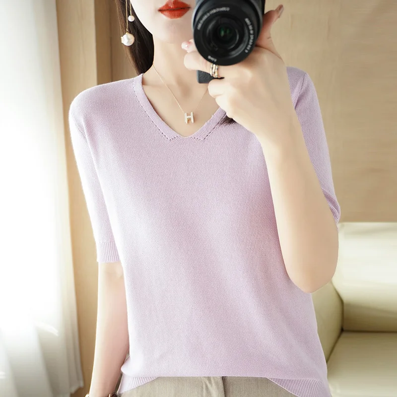 

Женский облегающий пуловер с коротким рукавом и круглым вырезом, 100% хлопок, в полоску, футболка, трикотажный базовый Повседневный удобный с...