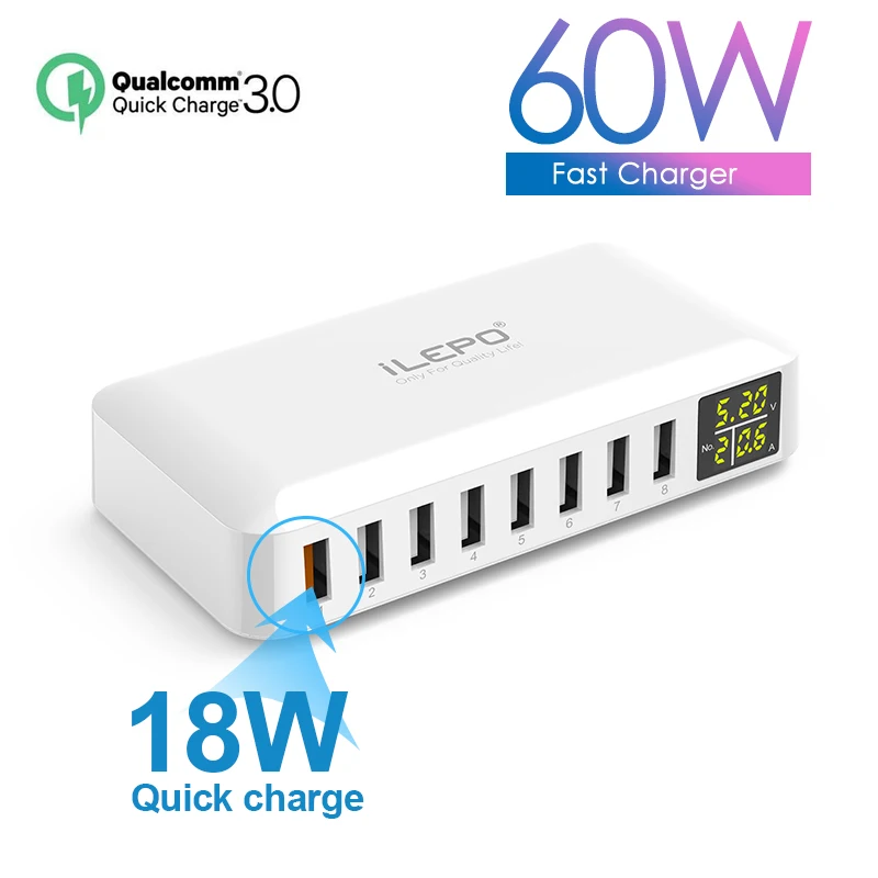 

60W 8 Port USB Charger QC3.0 HUB Smart Quick Charge LED Display Multi USB Charging Station Mobile Phone Fast Charger Desktop