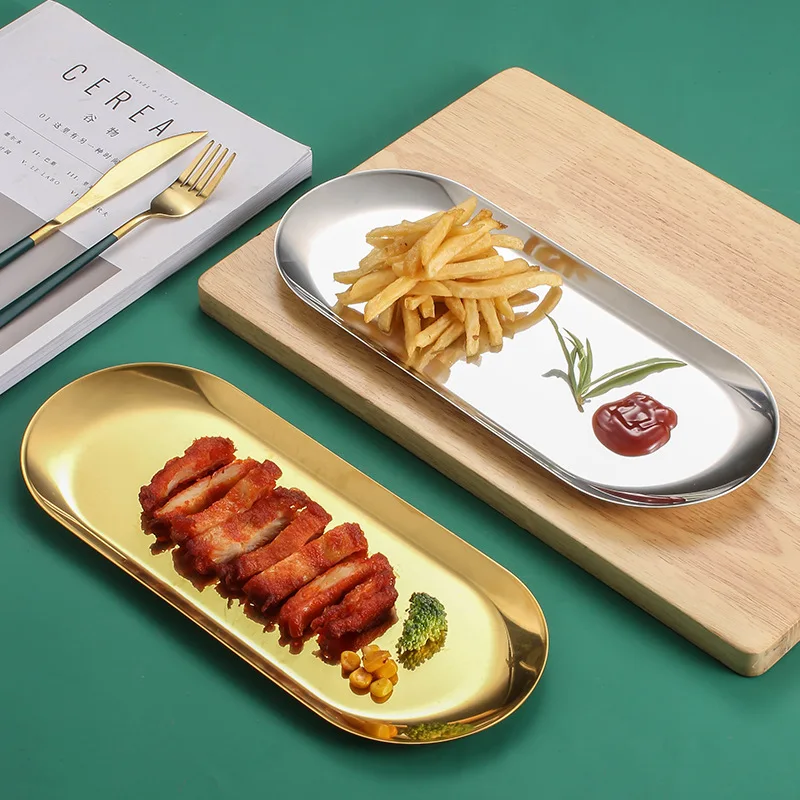 

Stainless Steel Oval Disk Restaurant Storage Tray Flat Bottom Gold Small Tray