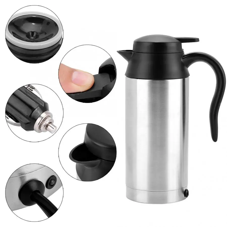 

750ml Electric Heating Cup Kettle Stainless Steel Water Heater Bottle for Tea Coffee Drinking Travel Car Truck Kettle 24V 12V