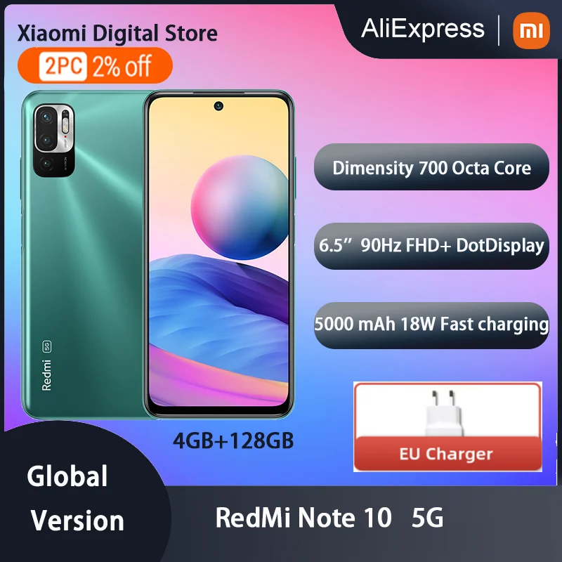 

Global Version Xiaomi Redmi Note 10 5G 4GB 128GB Smartphone Dimensity 700 90Hz Display 48MP Camera 5000mAh