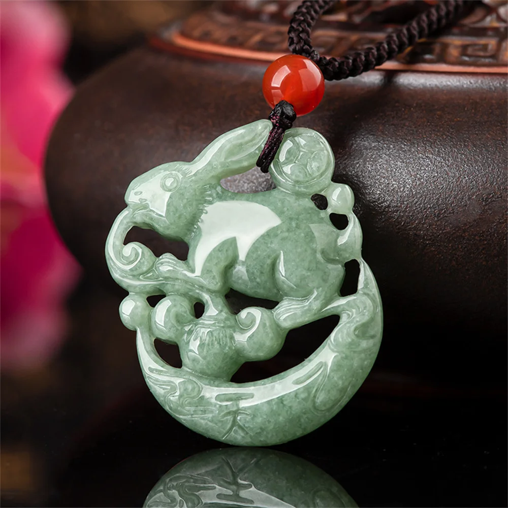 

Natural Grade A Jadeite Carved Green Hollow Moon Rabbit Lucky Pendant Amulet Necklace Certificate Retro Woman Man's Gift Jewelry