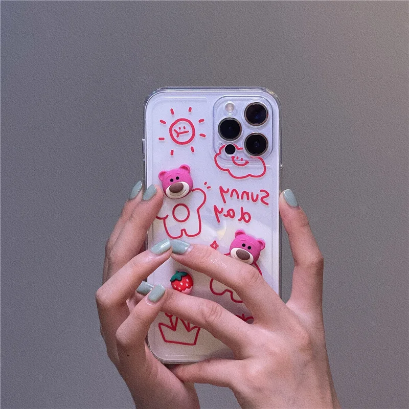 

Transparent Right-angle Side Cute Phone Case for IPhone 12 Pro Max Xr Xs Max 11 Pro Max 7 8 Plus 3D Pink Bear Back Cover