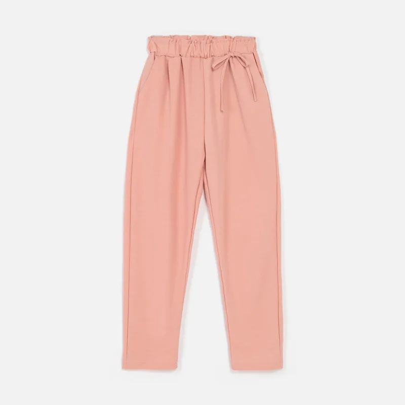 

Solid Color Scalloped Edges Elastic Waistband High Waist Pants with Bowknot Decoration Causal Spring Women Clothing