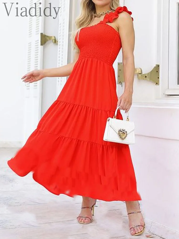 

Women Red Shirring Bandeau Strap Square Collar Sleeveless Backless A-Line Dress
