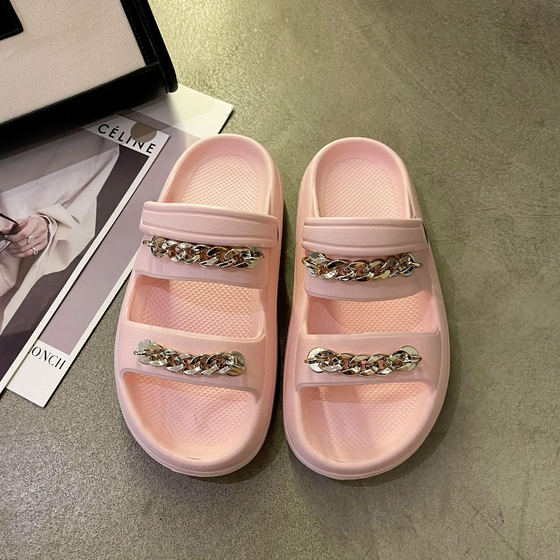 Women's Fashion Outdoor Slides Chains Decor 2023 Summer New Sandals EVA Soft Thick Bottom Non-slip Slippers Leisure Beach Shoes