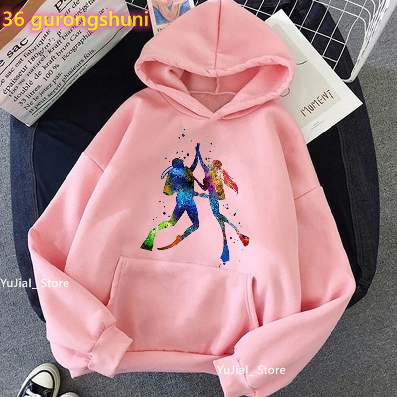 

New Arrival 2022 Watercolor Scuba Diving Lover Print Cap Hoodies Women Fashion Sport Art Sweatshirt Femme Pink/White/Gray Coat