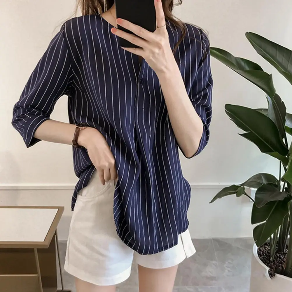 

Stylish Women T-shirt Striped Print Soft Summer Women Working Clothes Polyester Women Blouse Streetwear