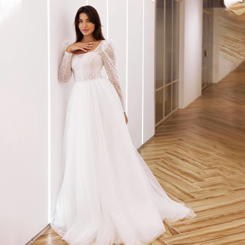 

Stunning Beaded Crystal Scoop Neckling Full Sleeves Wedding Dresses Tullr Organza Formal Bridal Grown 2023 Rode De Morrie