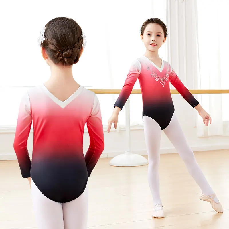 Gymnastics Leotard Girls Ballet Leotards Gradient Rhinestone V Collar Closed Crotch Dance Leotards Ballet Bodysuit Girls