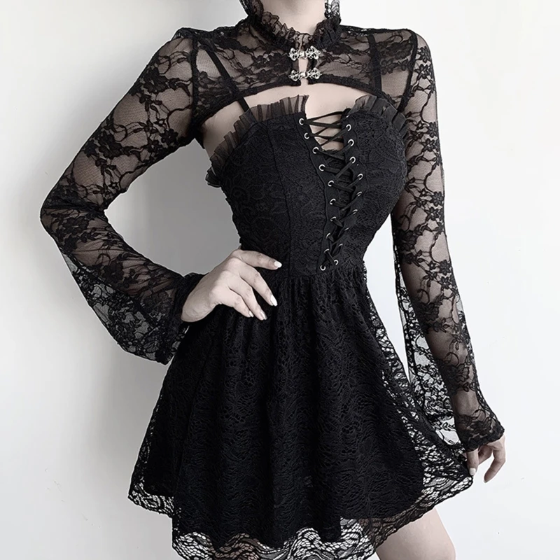 

Flared sleeve black stand collar V inside the blouse court tight long sleeve perspective sexy lace base shirt