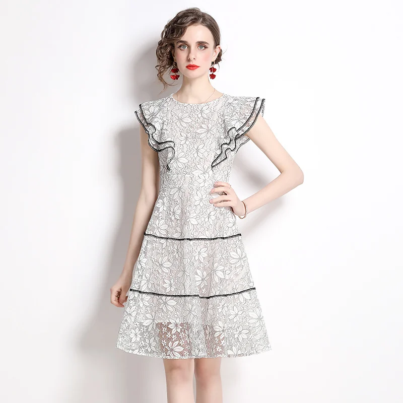 

Simgent Ruffle Lace Dress Women 2022 Summer New Fashion One Neck Elegant A Line Sleeveless Mini Dresses White SG23201