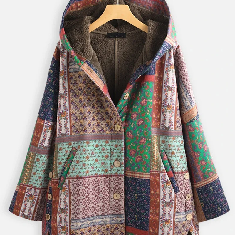 Spring new women's cotton coat printing hooded loose large size plus velvet thick cotton coat