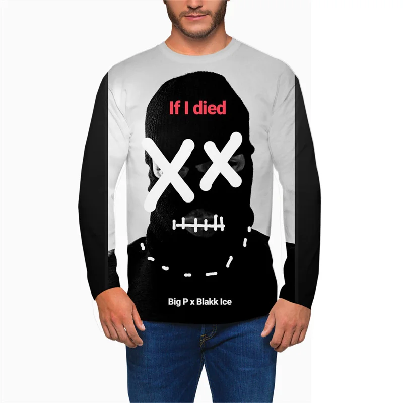 

2022 New Men's Long Sleeve T-Shirt Masked Man Letter Printed Casual Tees Fashion Men Street Clothing Oversized Round Neck Tops