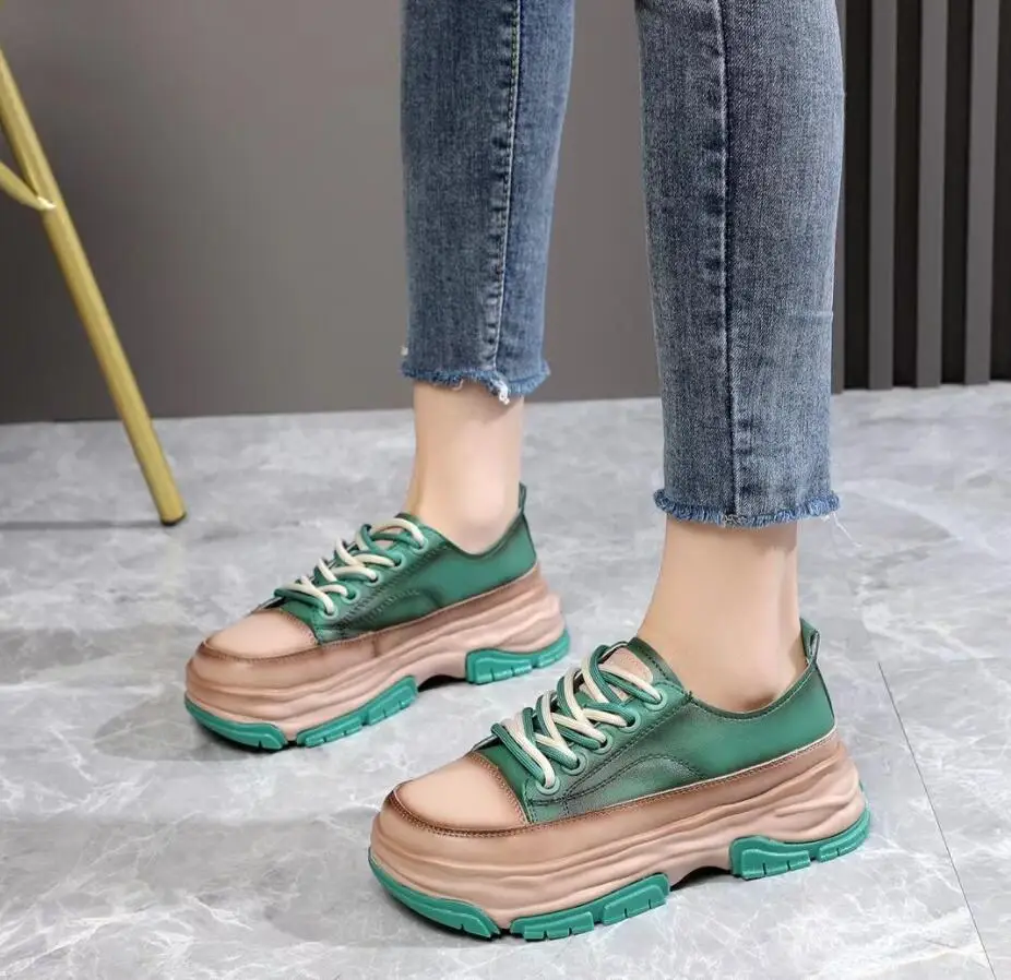 Genuine Leather Shoes For Women 2022 New Thick-Soled British Style Sports Casual Shose Comfy Breathable Fashion Platform Shoes