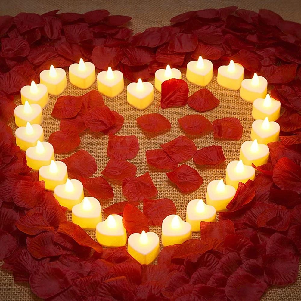 

24Pack Heart Shaped Candles Romantic Love LED Tealight Candle with 100Pc Silk Rose Petals for Valentines Day Wedding Table Decor