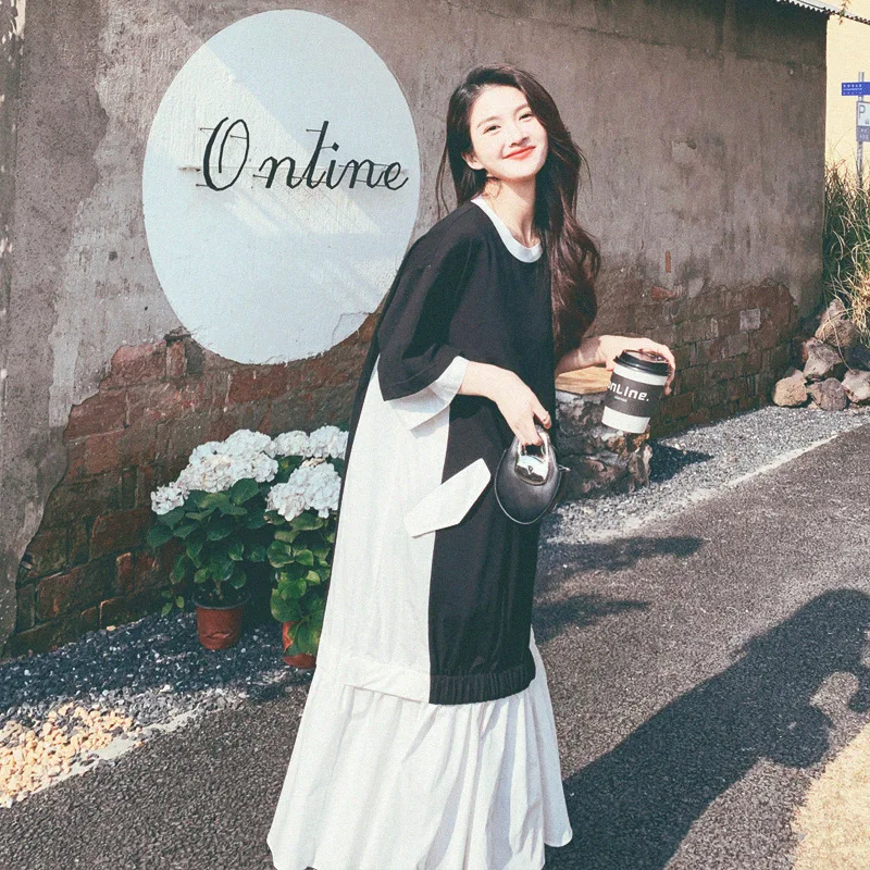 

SuperAen 2022 Summer All Match Loose Oversized Patchwork Contrast O-Neck A-LINE Casual Flounced Edge Dresses Women